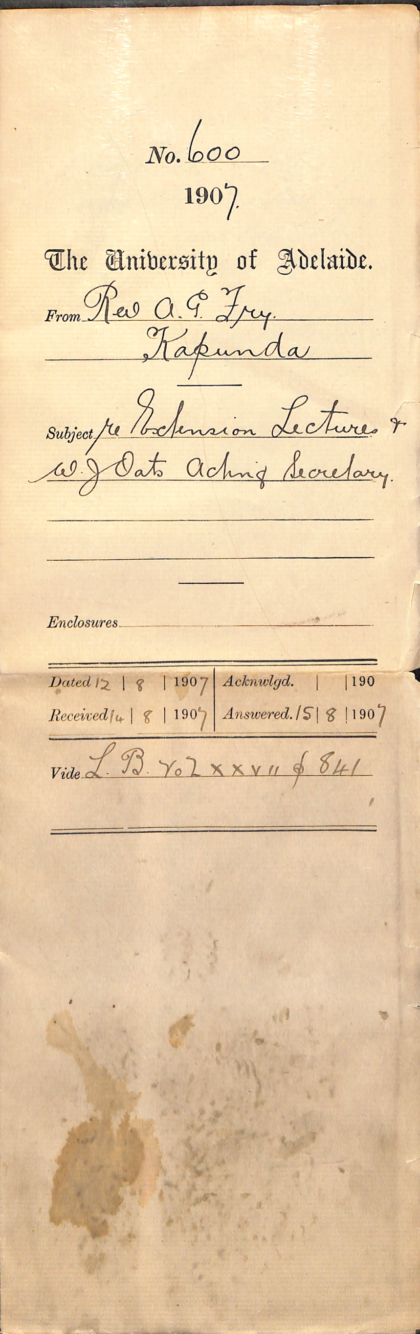 Reverend A G Fry - Kapunda - Extension Lecture and W J Oats Acting Secretary