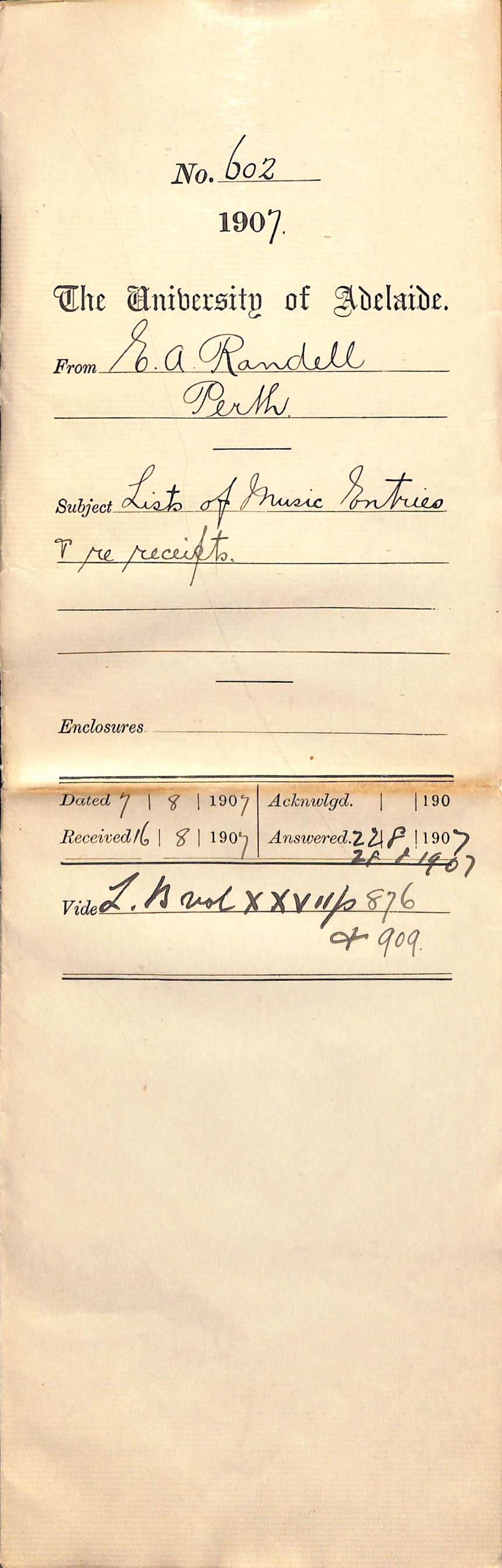 E A Randell - Perth - Lists of Music Entries and receipts