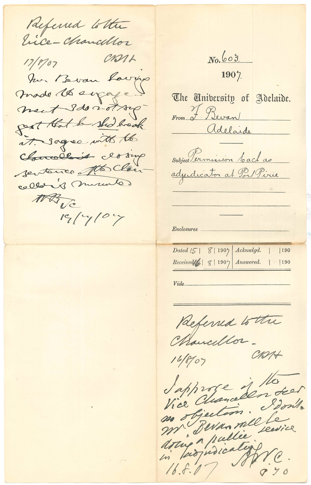 Frederick Bevan - Adelaide - Permission to act as adjudicator at Port Pirie