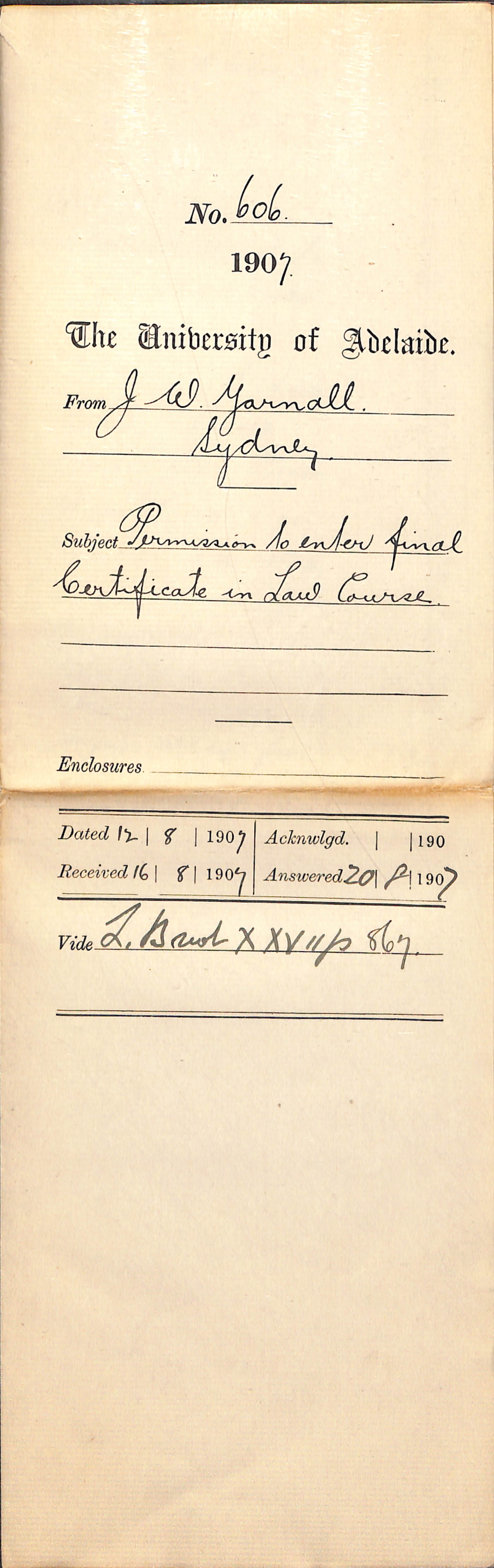 John W Yarnall - Sydney - Permission to enter final Certificate in Law Course