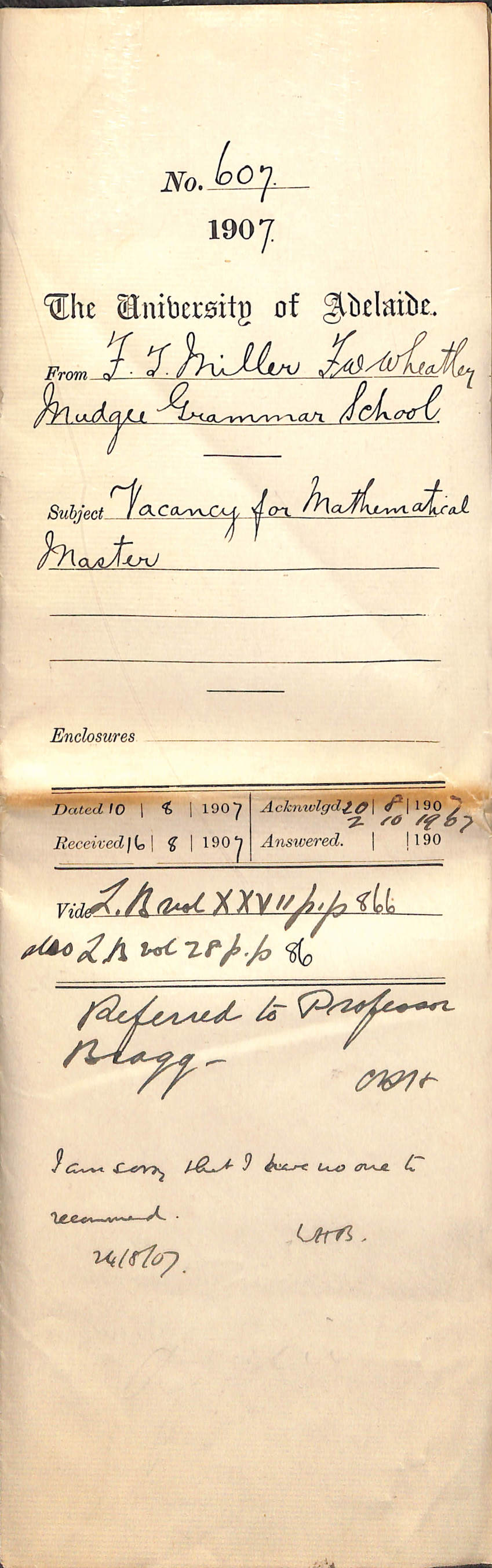 Frederic T Miller - F W Wheatley - Mudgee Grammar School Vacancy for Mathematical Master