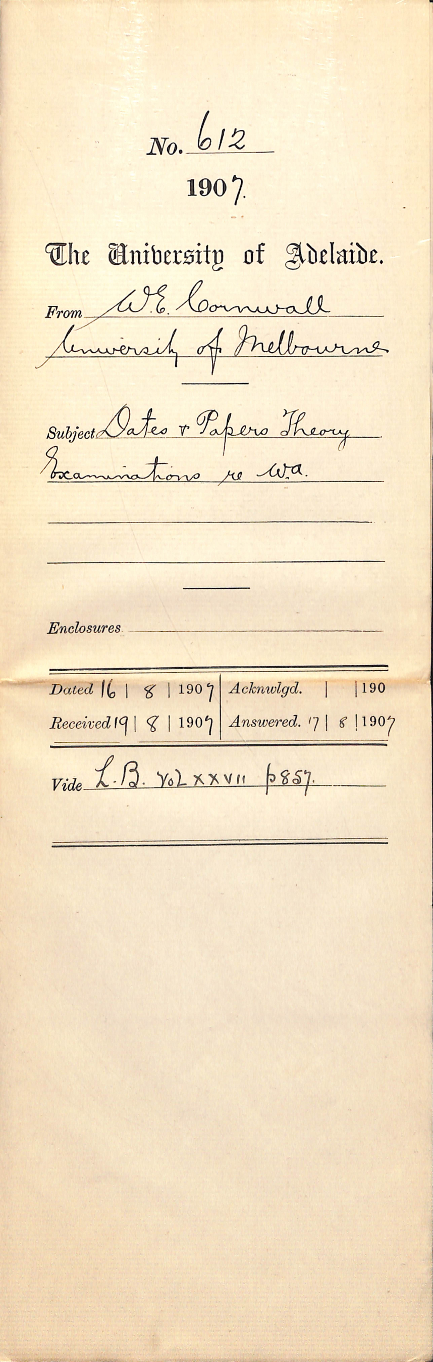 Walter Emerson Cornwall - University of Melbourne - Dates and Papers Theory Examinations Western Australia