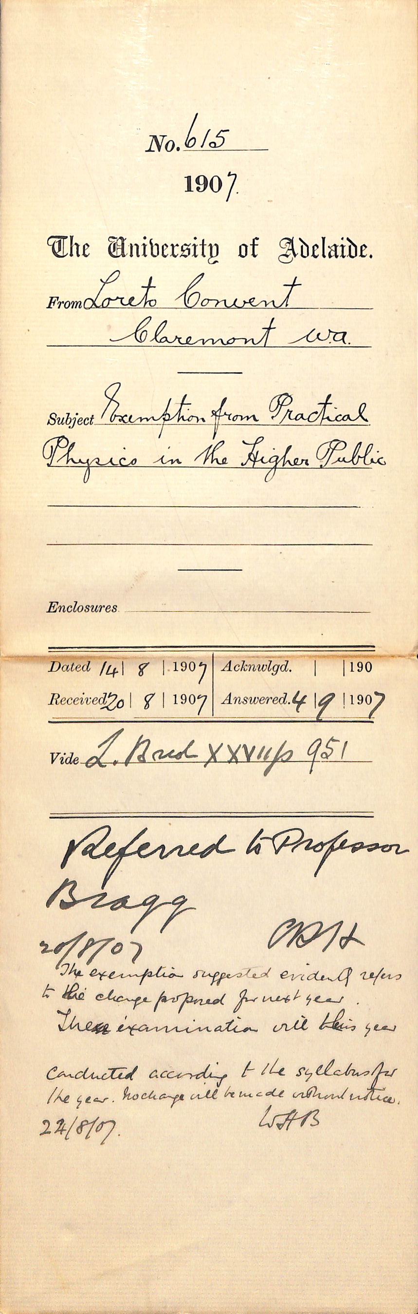 Loreto Convent - Claremont Western Australia - Exemption from Practical Physics in the Higher Public