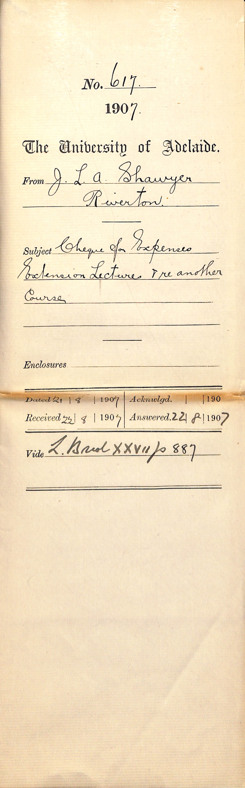 J L A Shawyer - Riverton - Cheque for Expenses Extension Lectures and another course