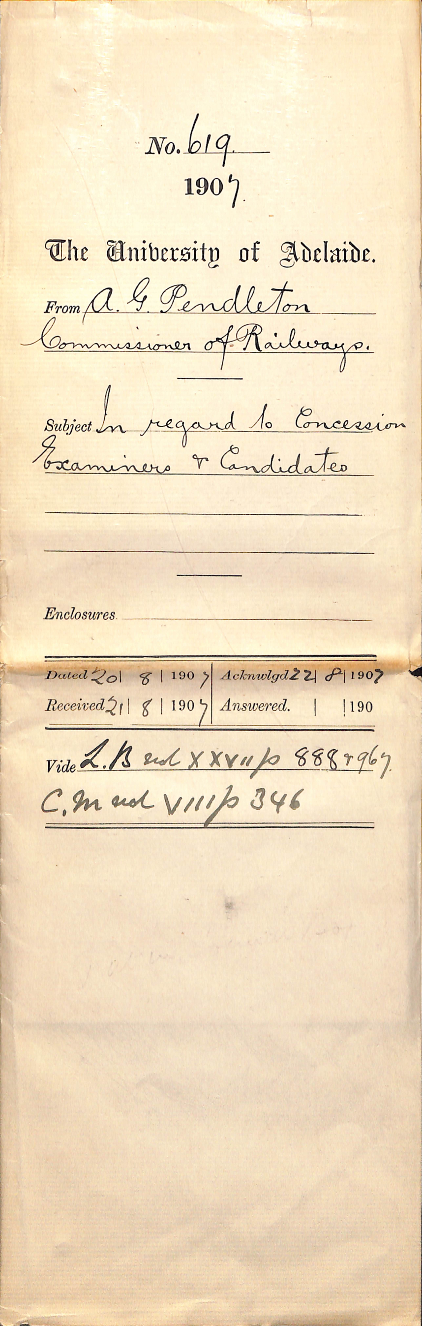 Alan G Pendleton - Commissioner of Railways - In regard to Concession Examiners and Candidates