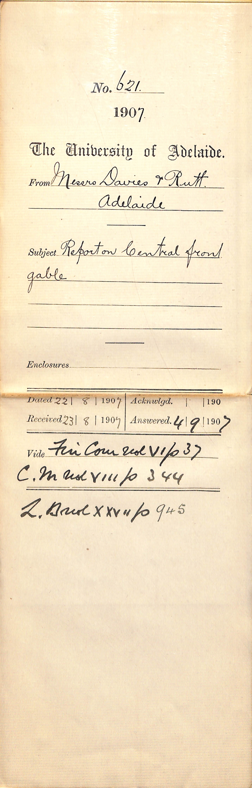 Messrs Davies and Rutt - Adelaide - Report on Central front gable