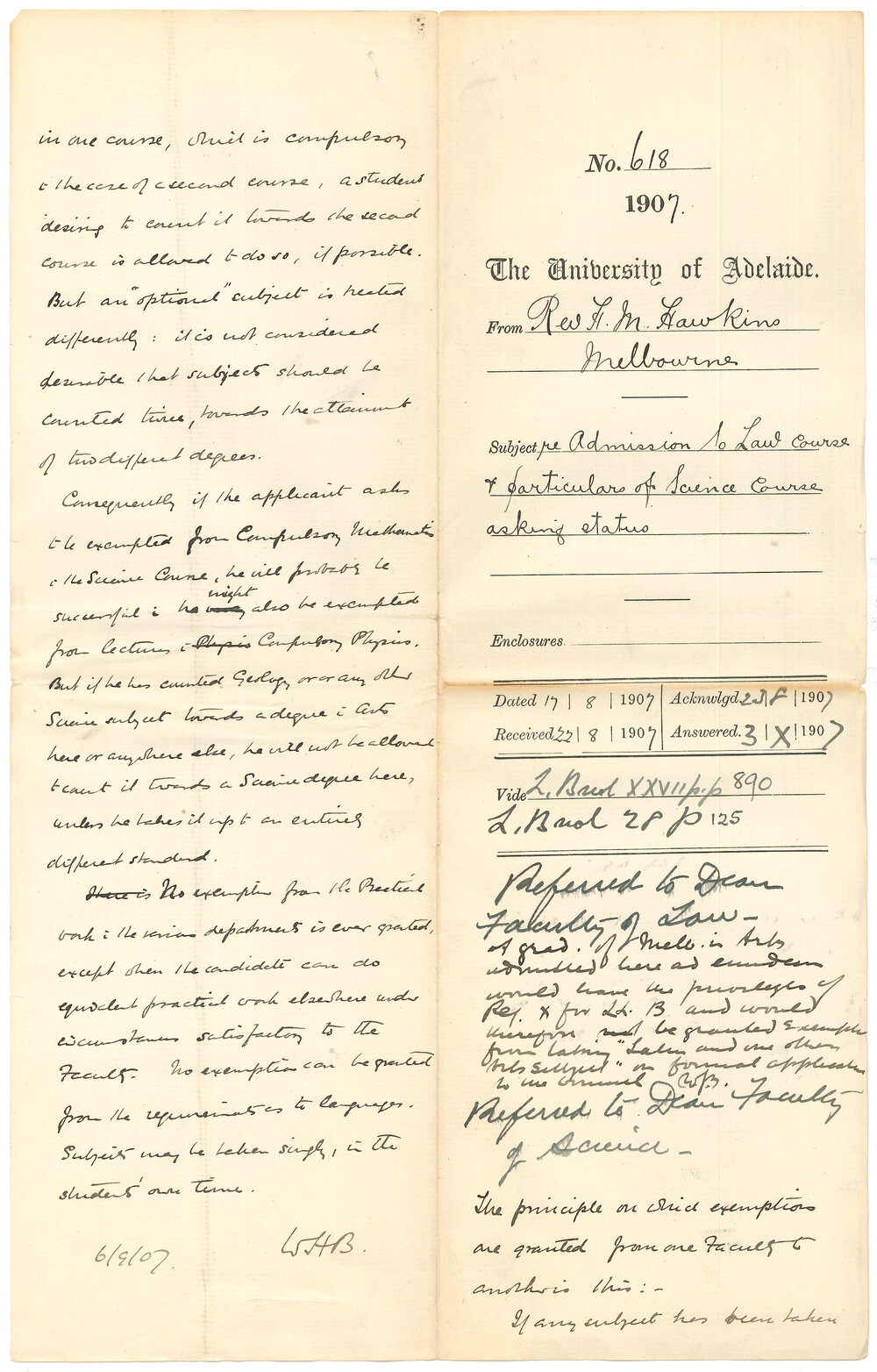 Reverend Herbert M Hawkins - Melbourne - Admission to Law course and particulars of Science course asking status