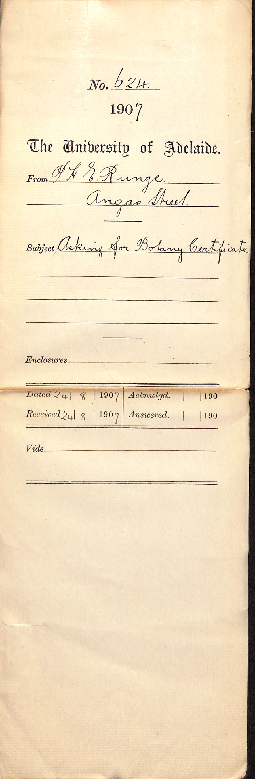 Percival H E Runge - Angas Street - Asking for Botany Certificate