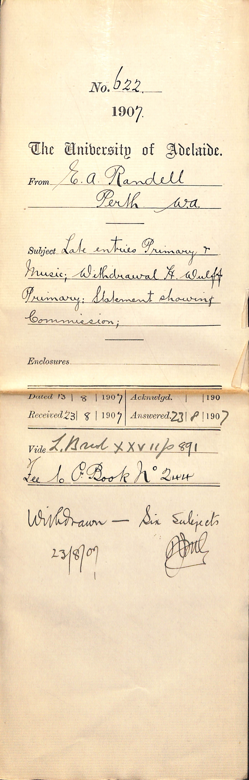 E A Randell - Perth Western Australia - Late entries Primary Music Withdrawal Henry Wulff Primary Statement showing Commission