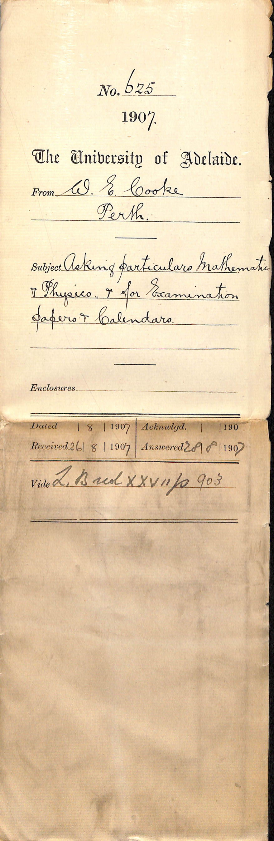 W E Cooke - Perth - Asking particulars Mathematics and Physics for Examination papers and Calendars