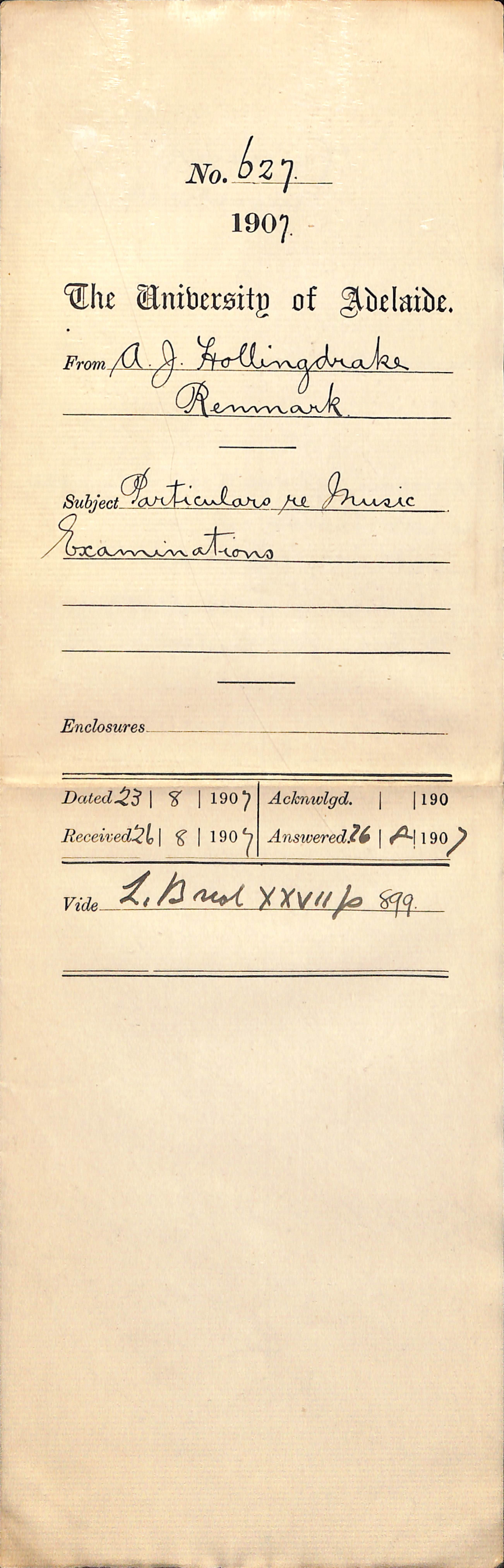 Arthur J Hollingdrake - Renmark - Particulars re Music Examinations