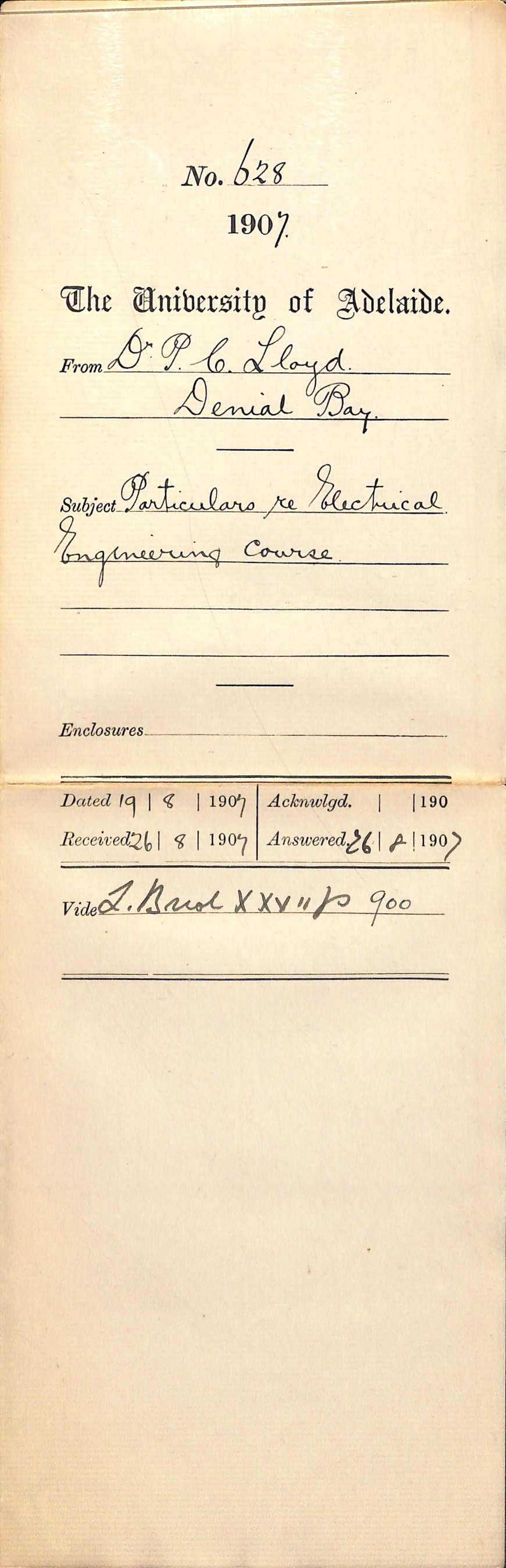 Dr P C Lloyd - Denial Bay - Particulars re Electrical Engineering course
