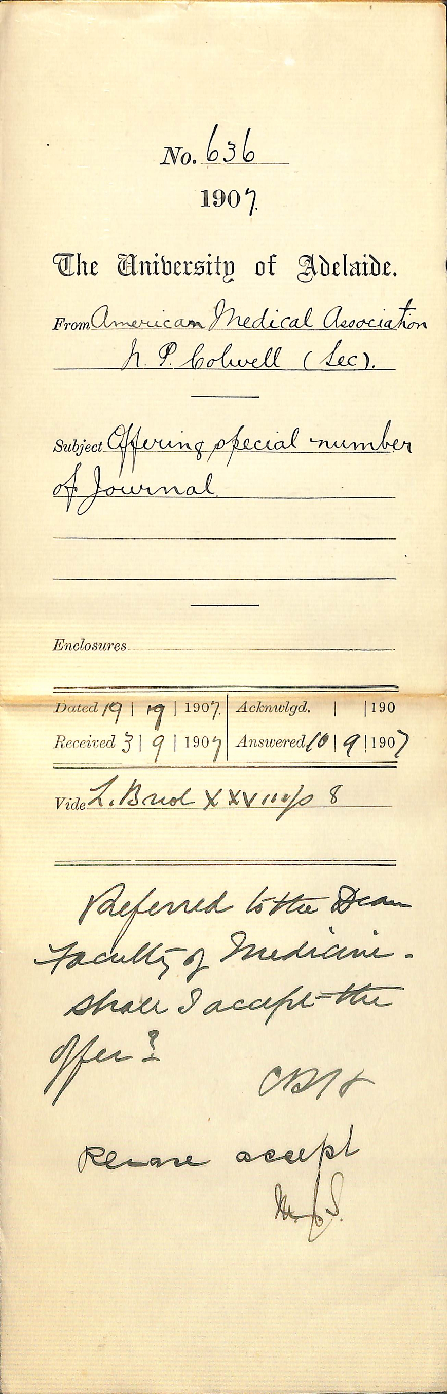 N P Colwell - American Medical Association - Offering special number of Journal