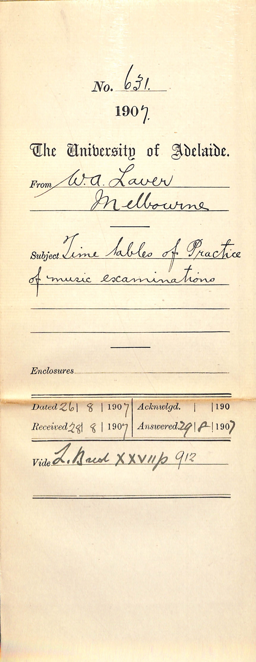 W A Laver - Melbourne - Time tables of Practice of music examination