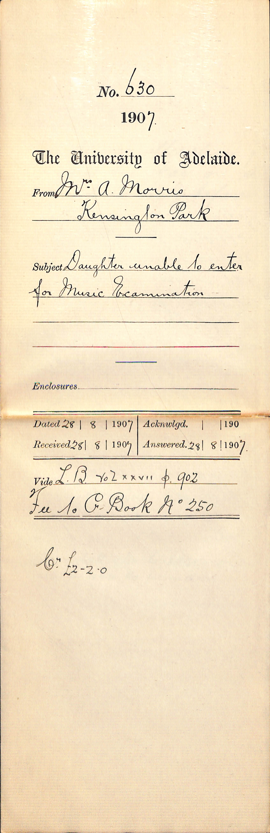 Mr A Morris - Kensington Park - Daughter unable to enter for Music Examination