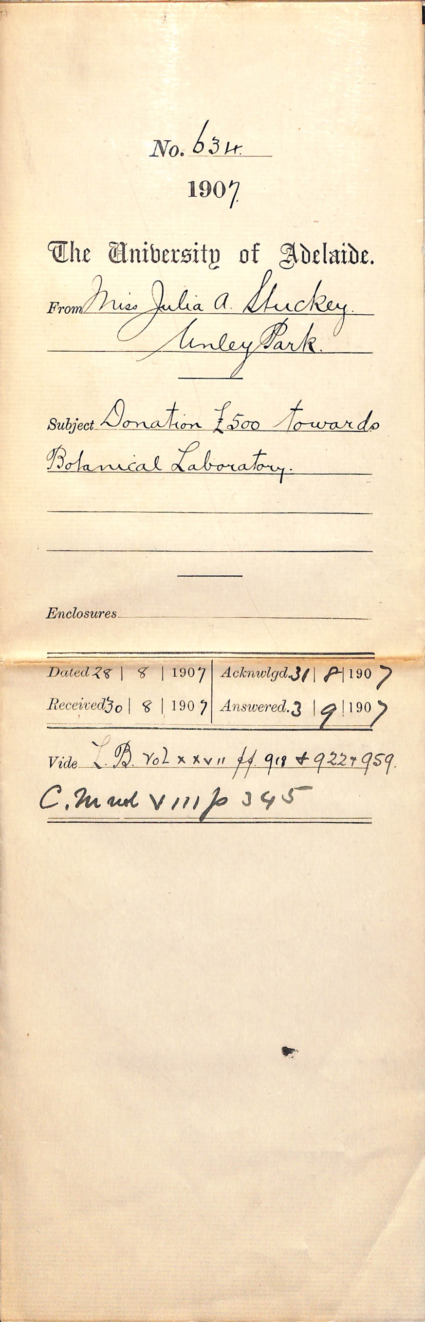 Miss Julia Stuckey - Unley Park - Donation &pound;500 towards Botanical Laboratory