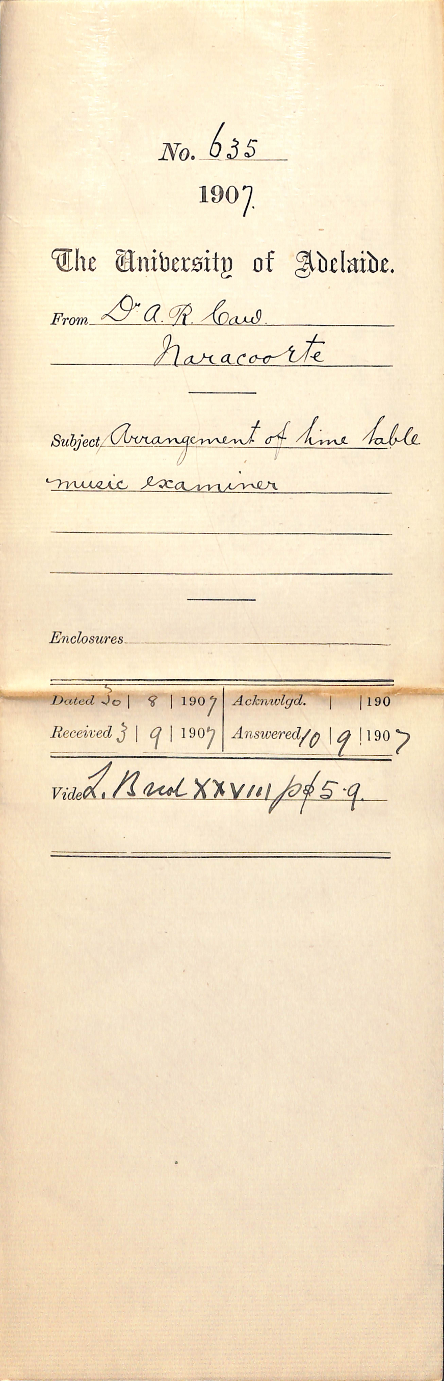 Dr A R Caw - Naracoorte - Arrangement of time table music examiners