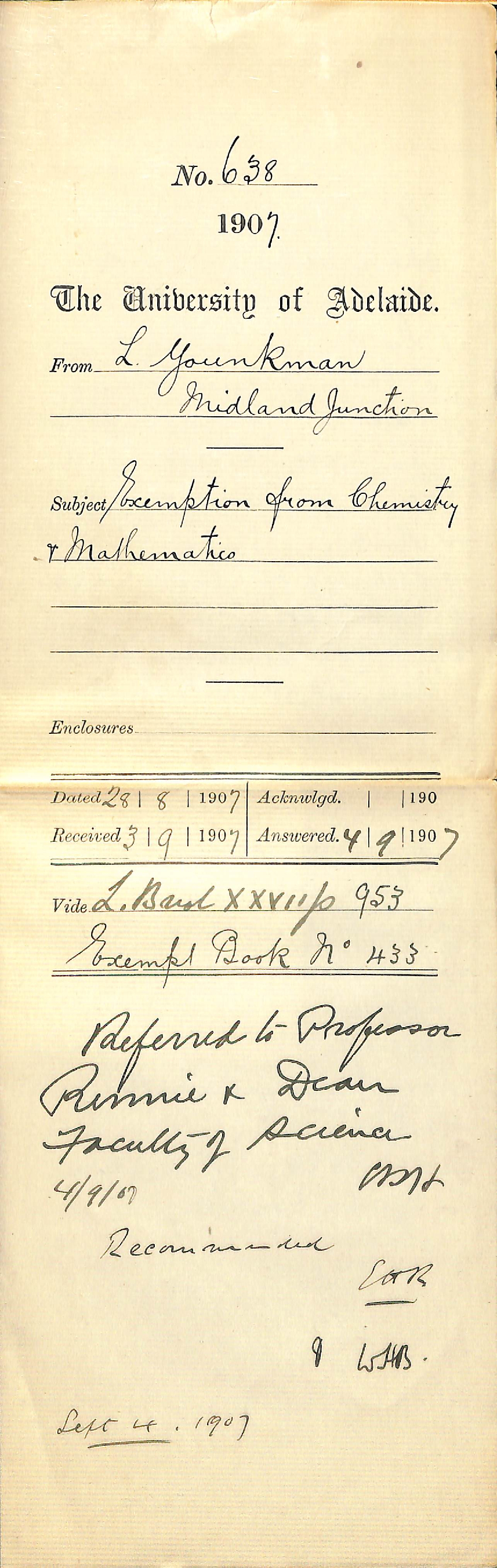 L Younkman - Midland Junction - Exemption from Chemistry and Mathematics