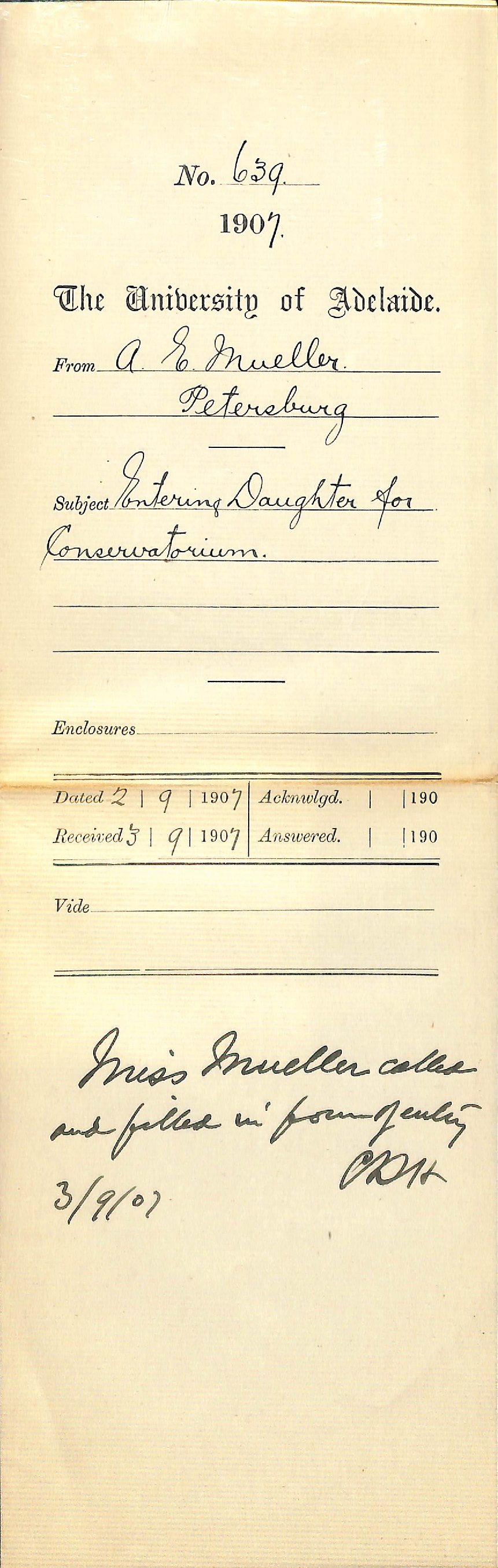 A E Mueller - Petersburg - Entering Daughter for Conservatorium