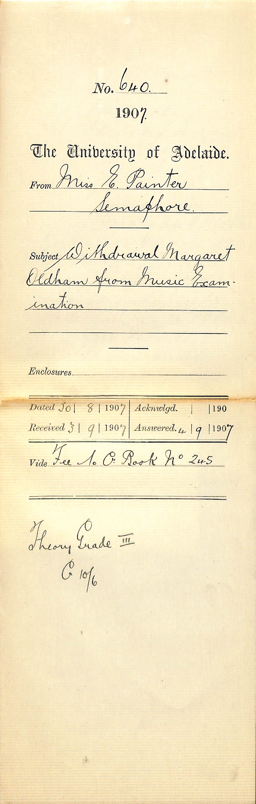 Miss E Painter - Semaphore - Withdrawal Margaret Oldham from Music Examination