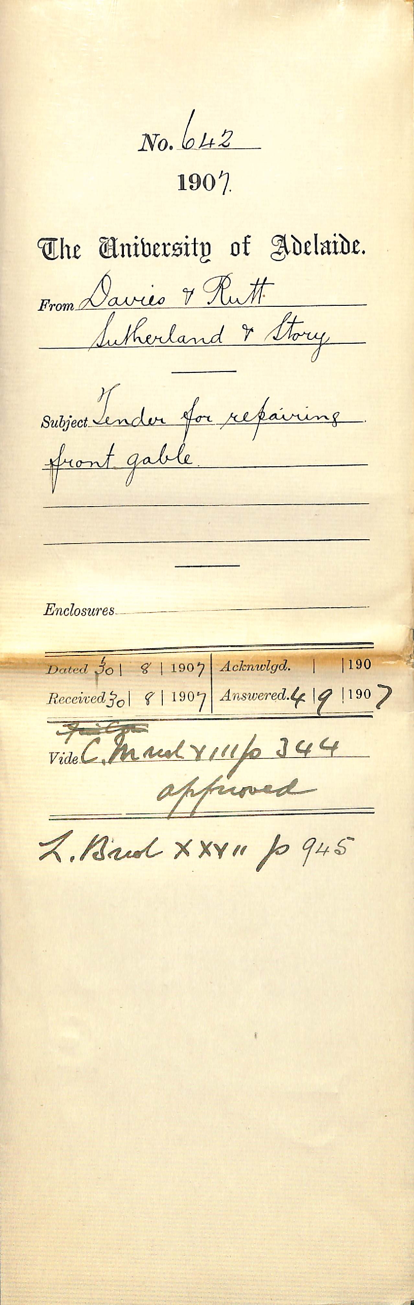 Davies and Rutt - Sutherland and Story - Tender for repairing front gable