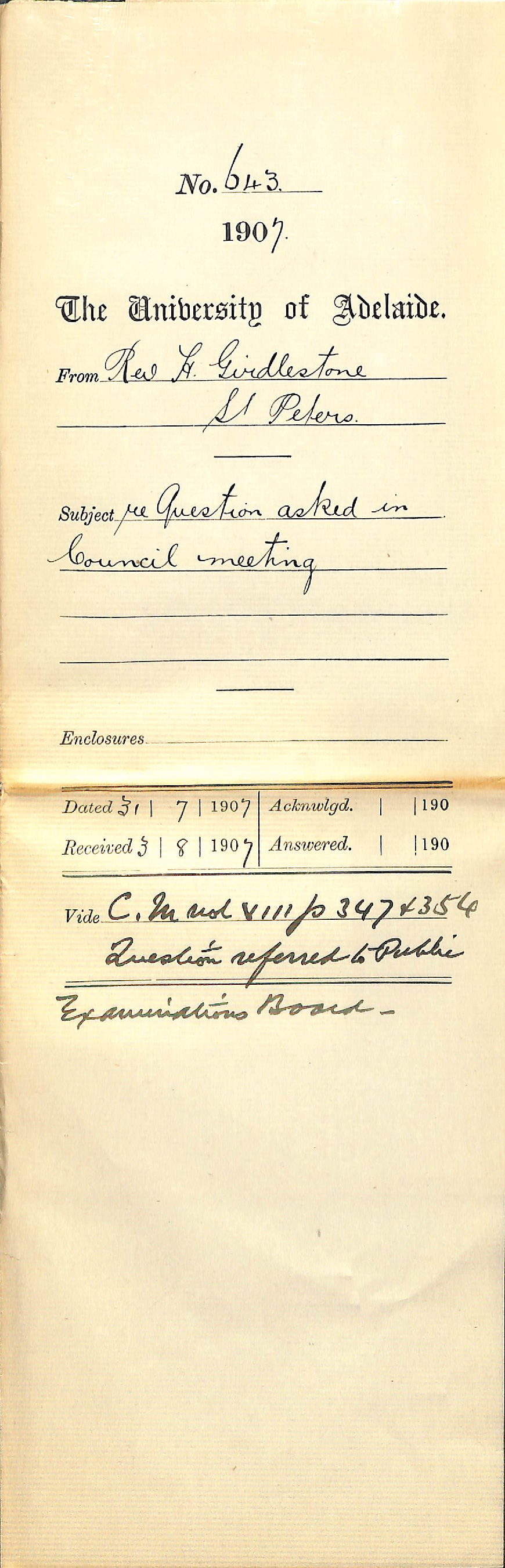 Reverend H Girdlestone - St Peters - Question asked in Council meeting