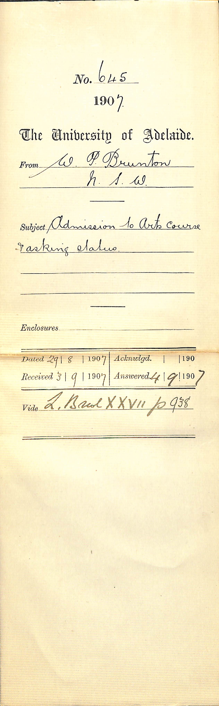 William P Brunton - New South Wales - Admission to Arts course and asking status