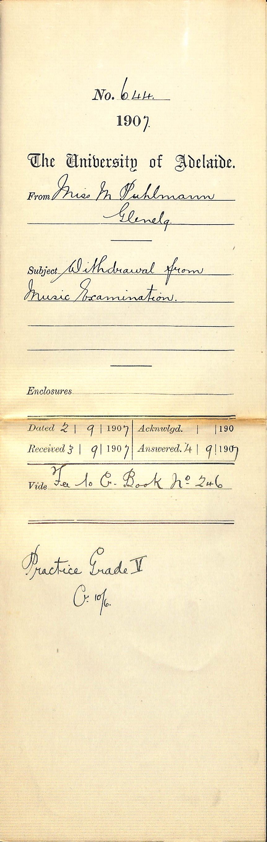 Miss M Puhlmann - Glenelg - Withdrawal from Music Examination