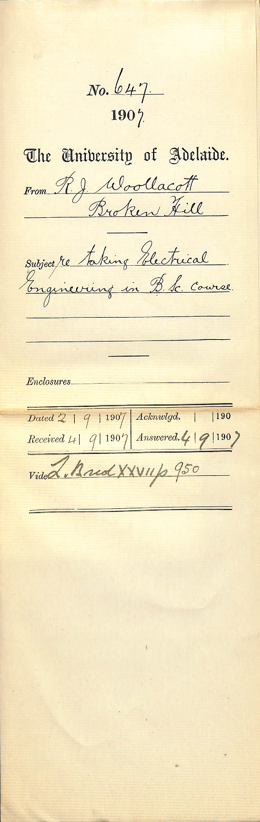 R J Woollacott - Broken Hill - Taking Electrical Engineering in BSc course