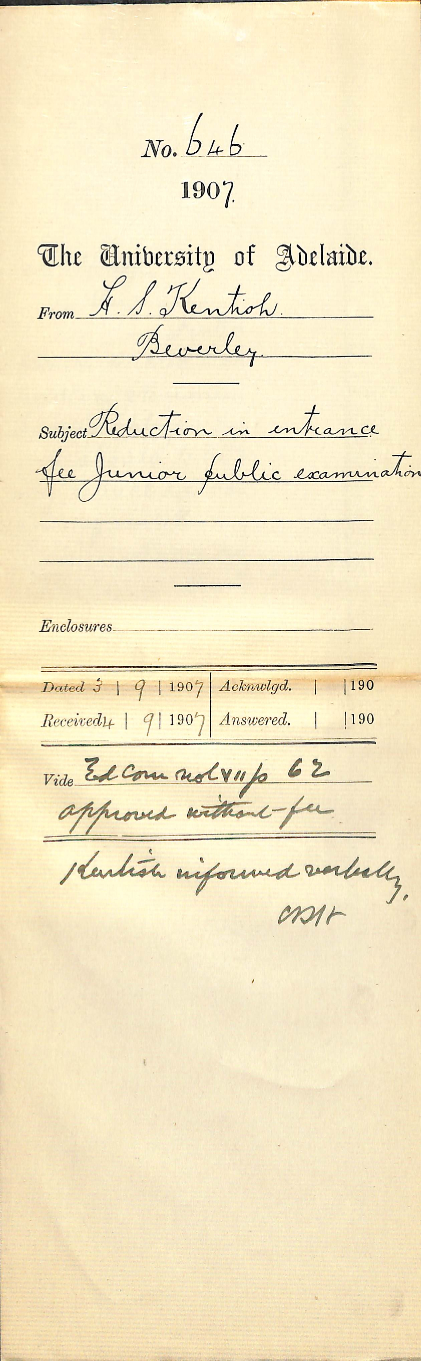 H S Kentish - Beverley - Reduction in entrance fee Junior public examination