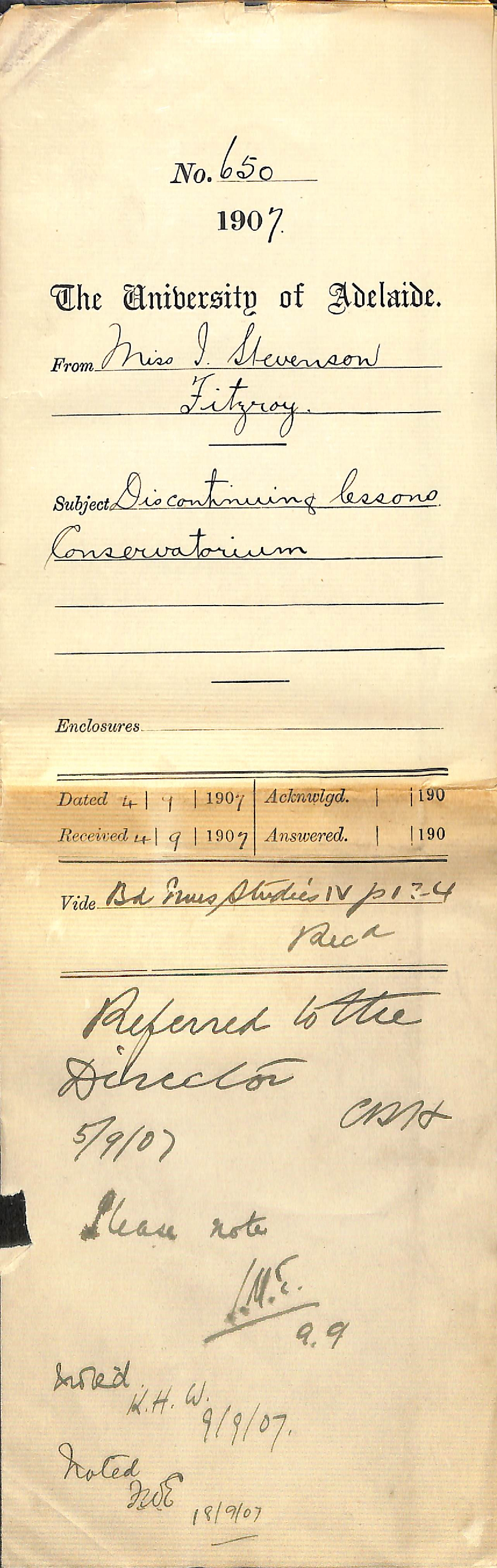 Miss I Stevenson - Fitzroy - Discontinuing lessons Conservatorium