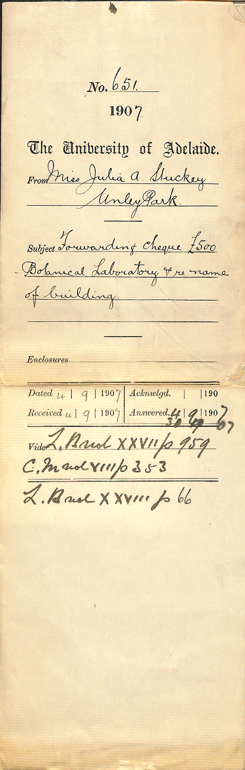 Julia A Stuckey - Unley Park - Forwarding cheque &pound;500 Botanical Laboratory and name of building
