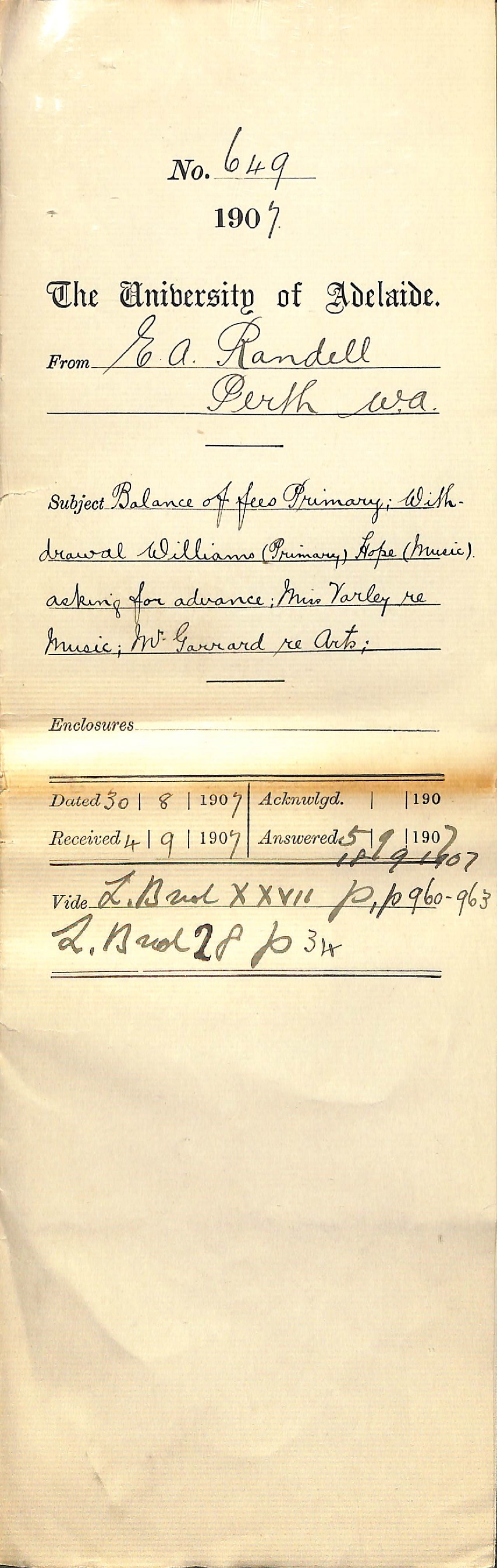 E A Randell - Perth Western Australia - Balance of fees Primary Withdrawal Williams Primary Hope Music Asking for advance Miss Varley Music Mr Garrard Arts
