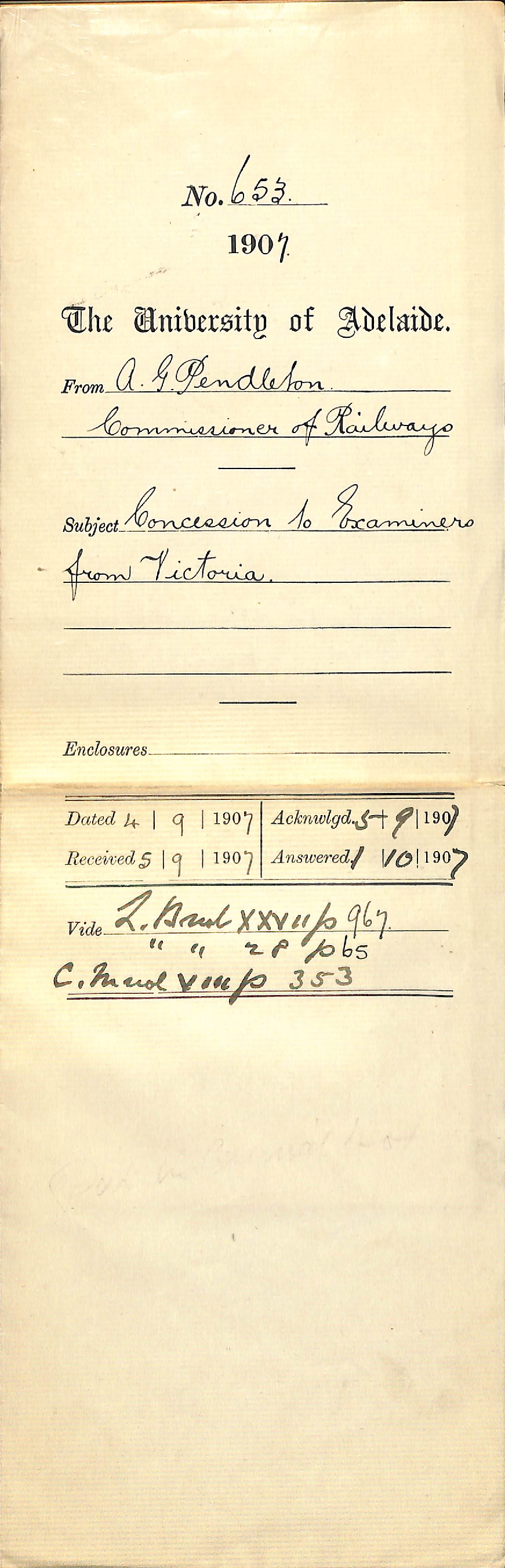 Alan G Pendleton - Commissioner of Railways - Concessions to Examiners from Victoria