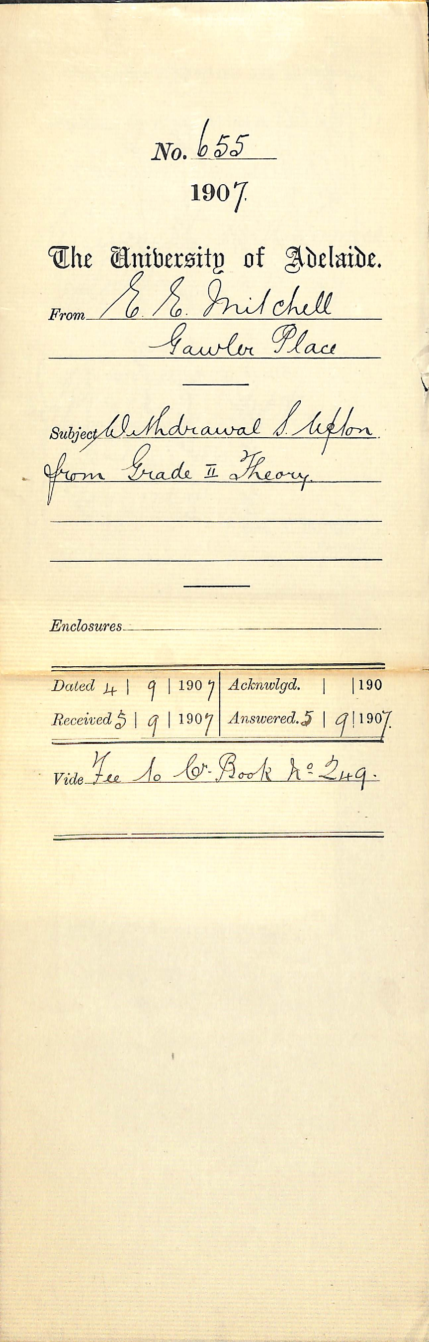 E E Mitchell - Gawler Place - Withdrawal S Upton from Grade 2 Theory