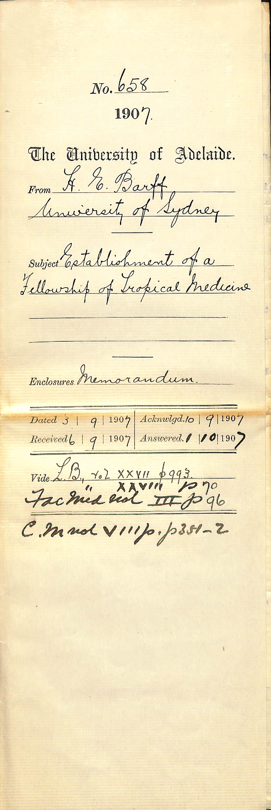 H E Barff - University of Sydney - Establishment of a Fellowship of Tropical Medicine