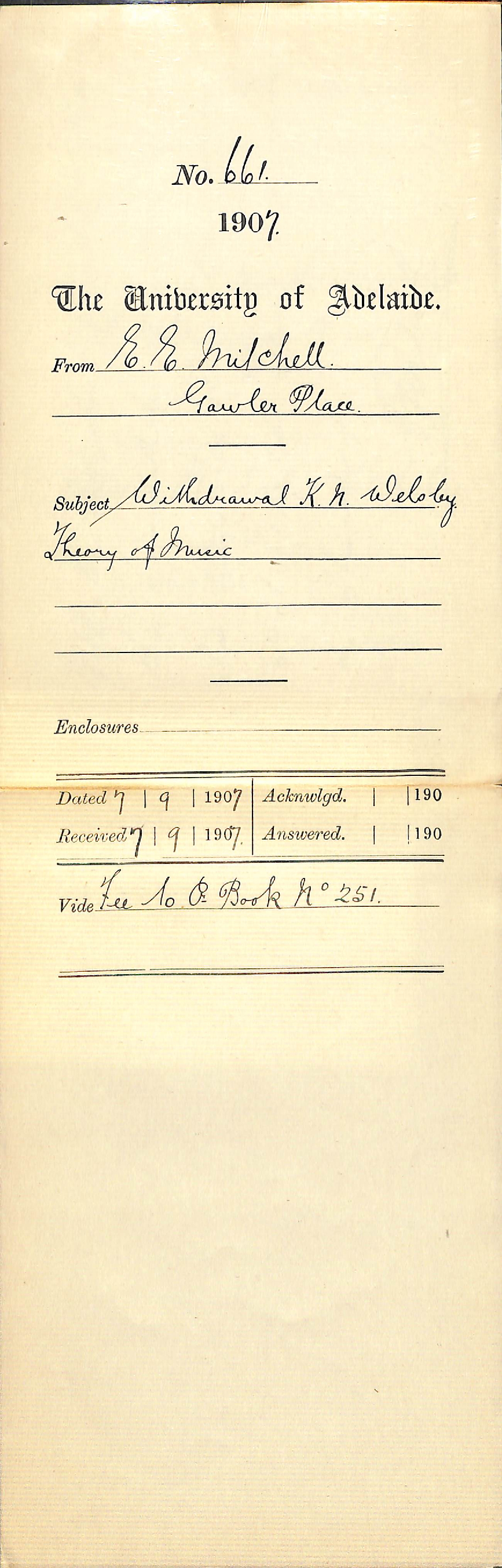 E E Mitchell - Gawler Place - Withdrawal K N Welsby Theory of Music