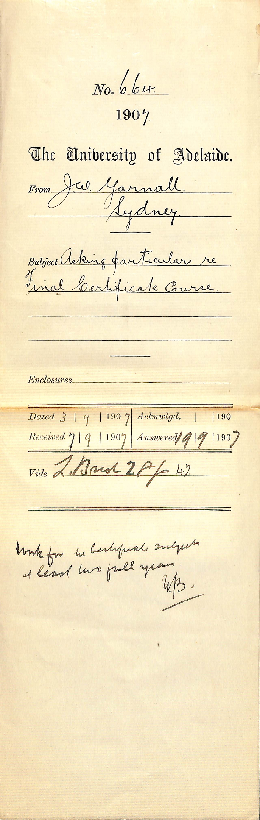 John W Yarnall - Sydney - Asking particulars re Final Certificate course