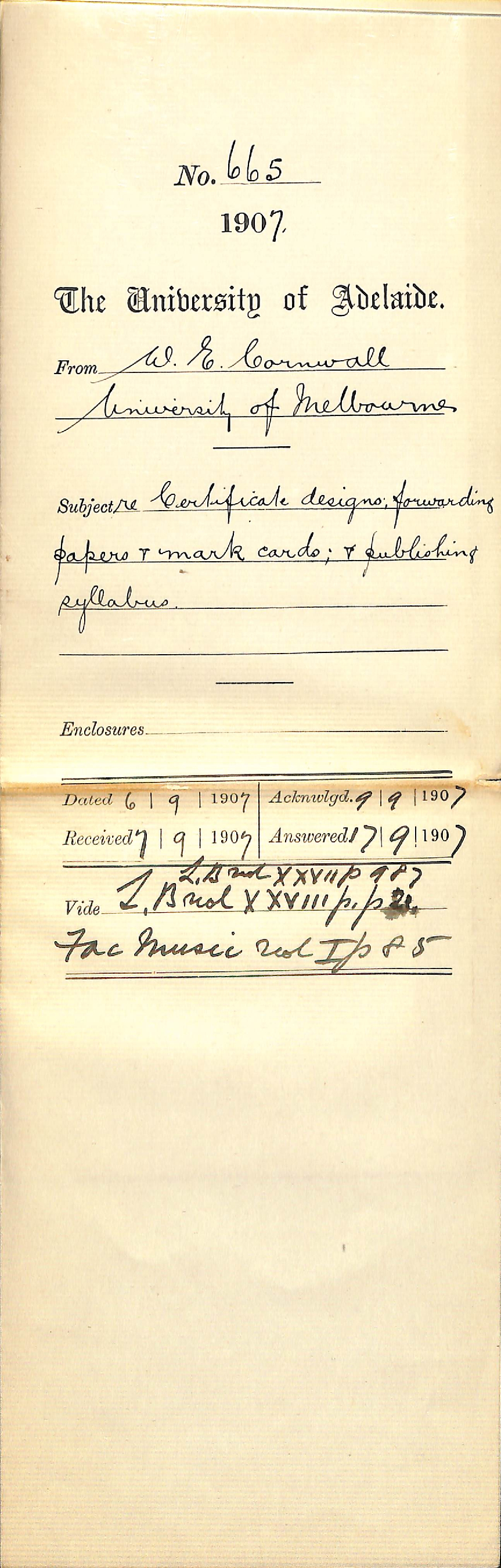 Walter Emerson Cornwall - University of Melbourne - Certificate designs forwarding papers and mark cards and publishing syllabus