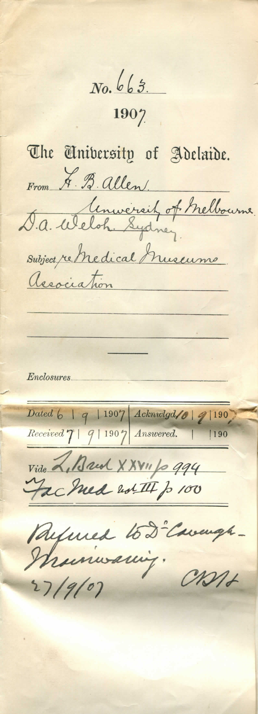 H B Allen - University of Melbourne - D A Welsh - Sydney - Medical Museums Association