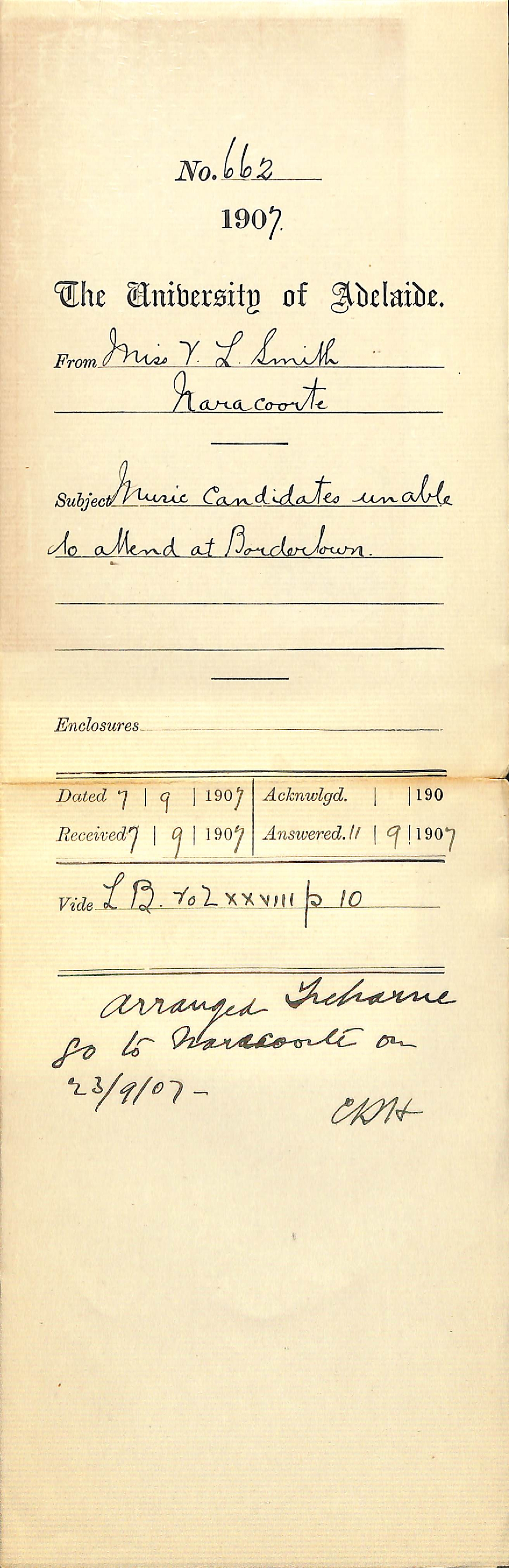 Miss Vera L Smith - Naracoorte - Music candidates unable to attend at Bordertown