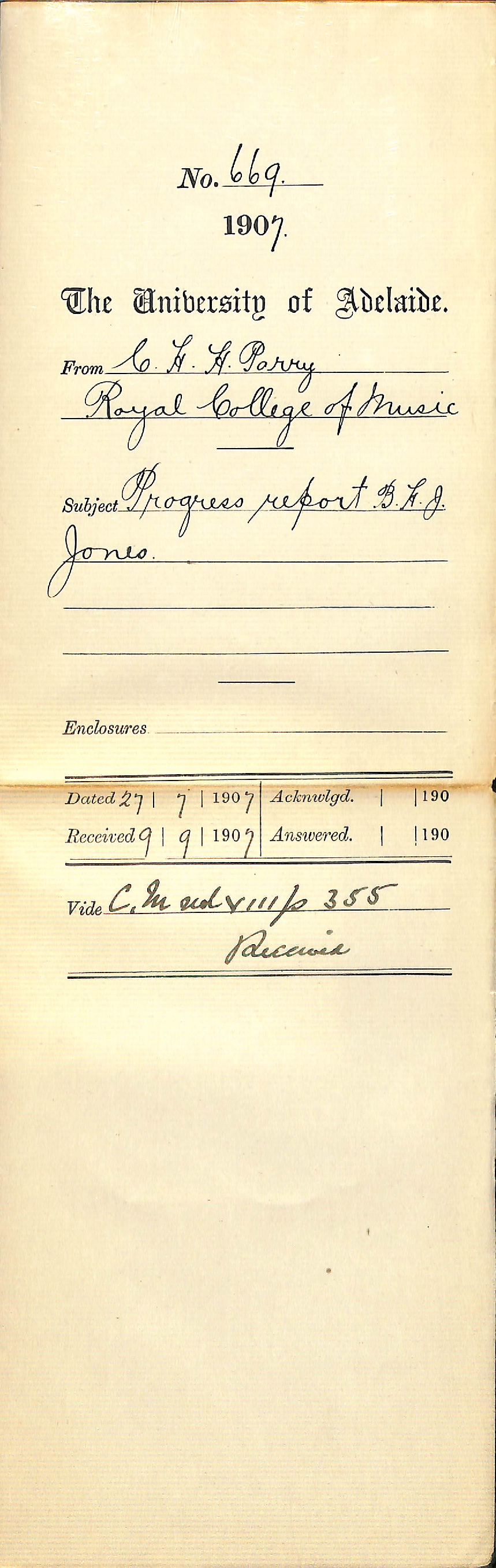 Charles Hubert Hastings Parry - Royal College of Music - Progress report Brewster Hooper Josse Jones