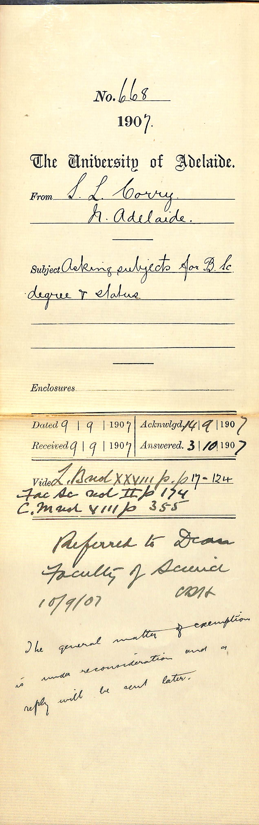 S L Corry - North Adelaide - Asking subjects for BSc degree and status