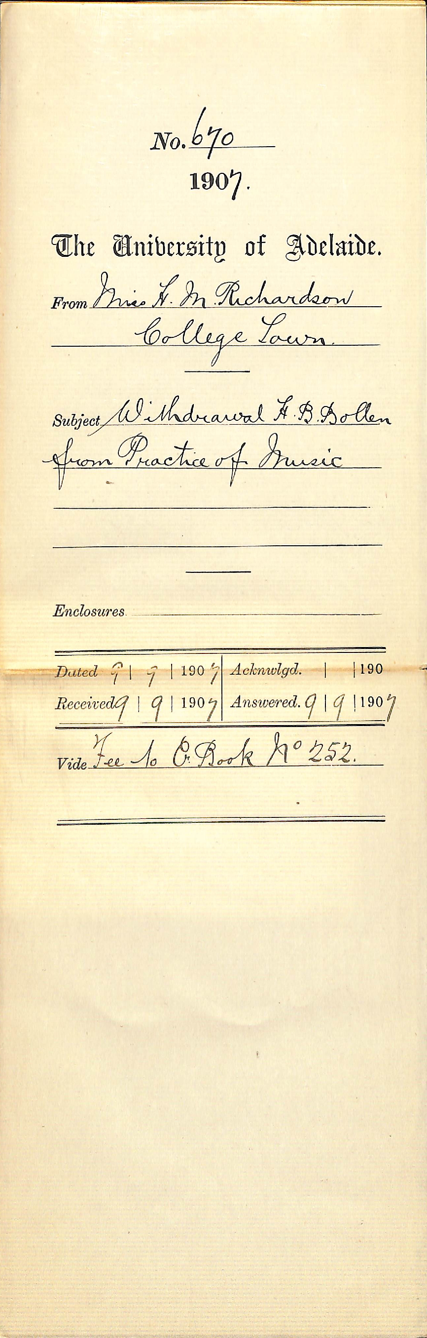 Miss Hazel M Richardson - College Town - Withdrawal H B Bollen from Practice of Music