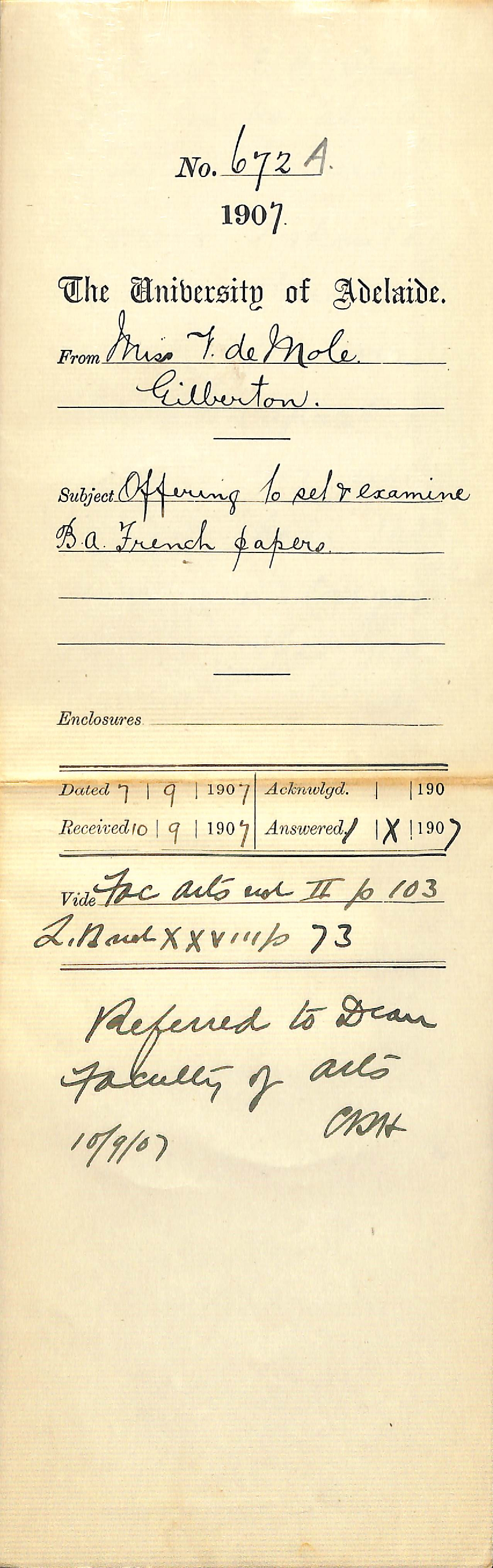 Miss Violet de Mole - Gilberton - Offering to set and examine the BA French papers