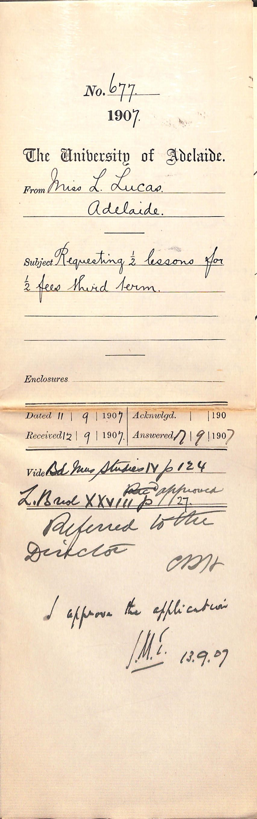 Miss Lilian Lucas - Adelaide - Requesting half lessons for half fees third term