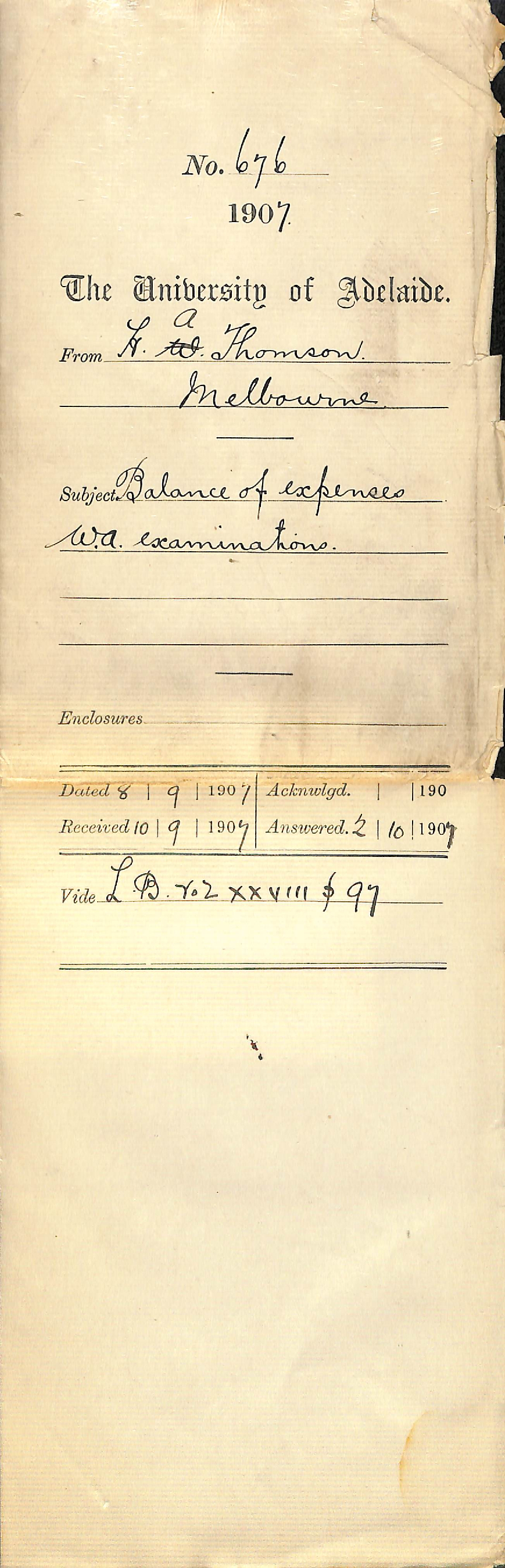 H A Thomson - Melbourne - Balance of expenses Western Australia examinations
