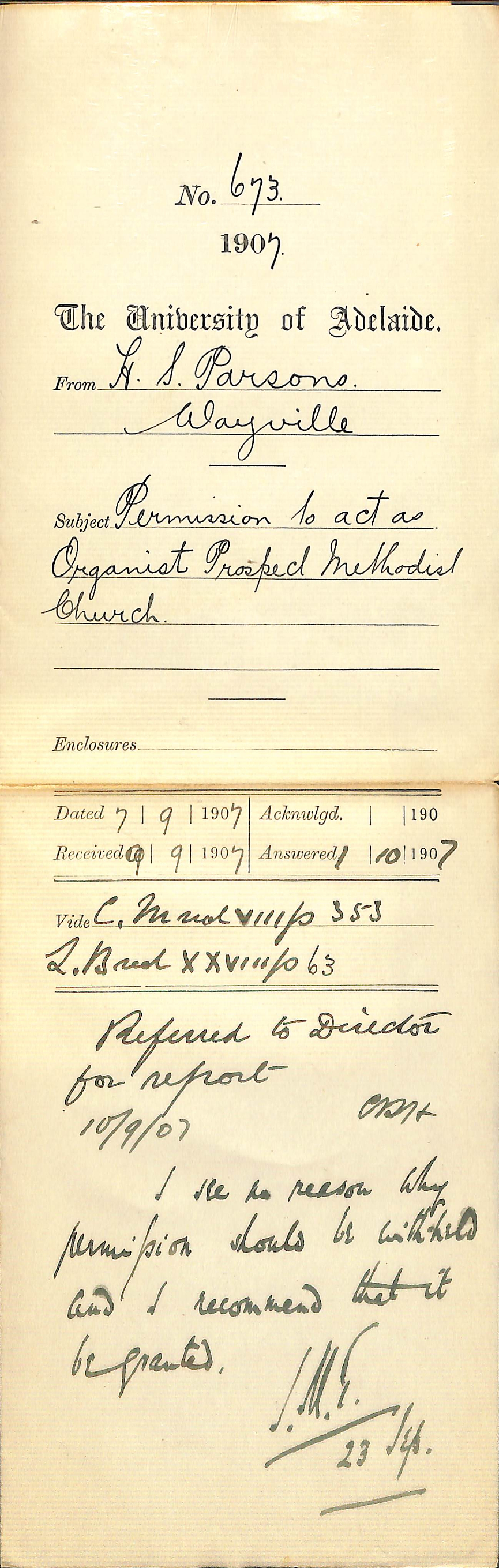 Harold S Parsons - Wayville - Permission to act as Organist Prospect Methodist Church