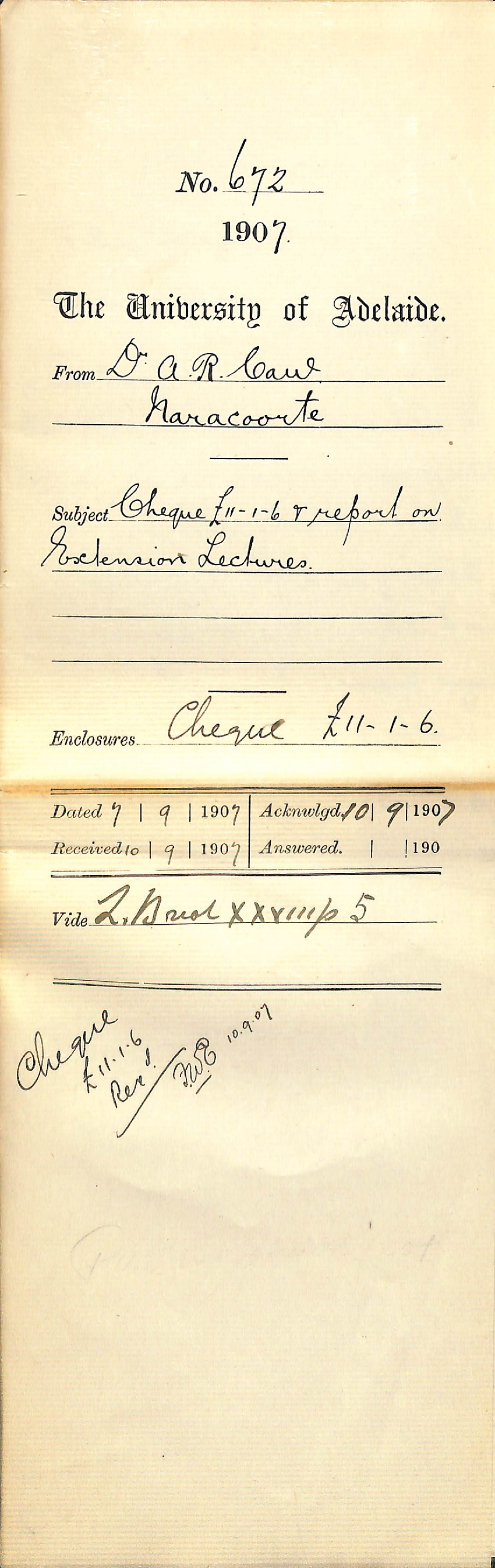 Dr Alex R Caw - Naracoorte - Cheque for &pound;11-1-6 and report on Extension Lectures