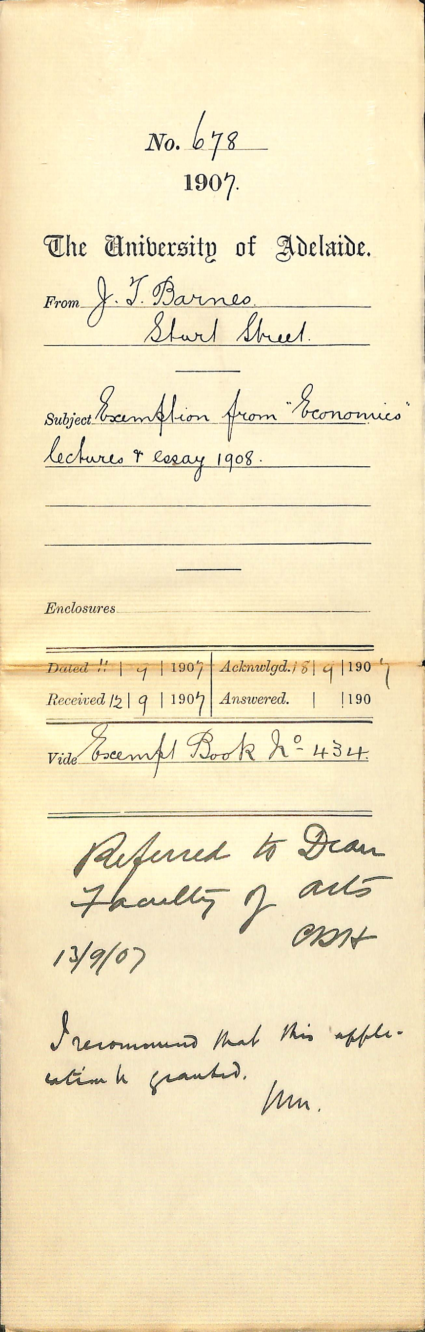 Joseph T Barnes - Sturt Street - Exemption from Economics lectures and essay 1908